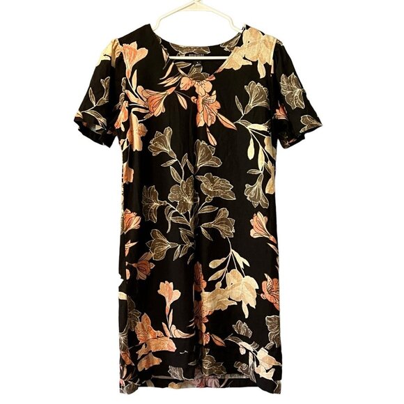 Nicole Miller Original Shift Dress Black Floral‎ Linen Blend V-Neck Size Small - Picture 1 of 12